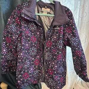 Columbia Purple and Pink Patterned Rain Jacket with Removable Hood.